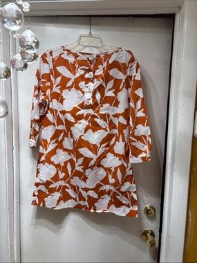 Women's Orange Floral Button-Front Tunic Top
